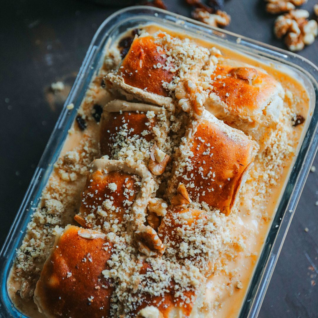 Hot Cross Buns in a Bread and Butter Pudding