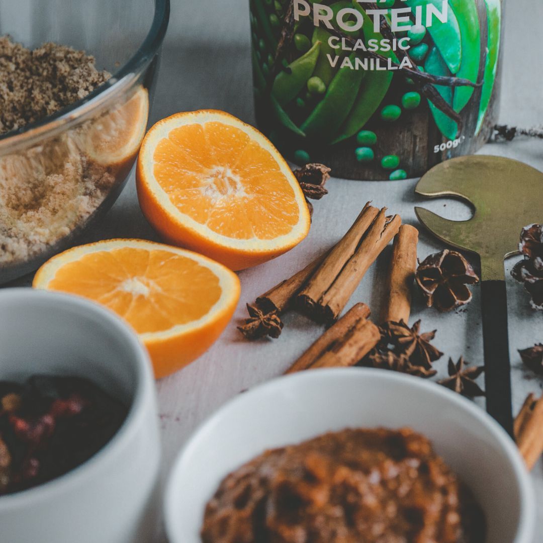 Orange and almond trifle made with Nutristrength's Pea Protein Classic Vanilla