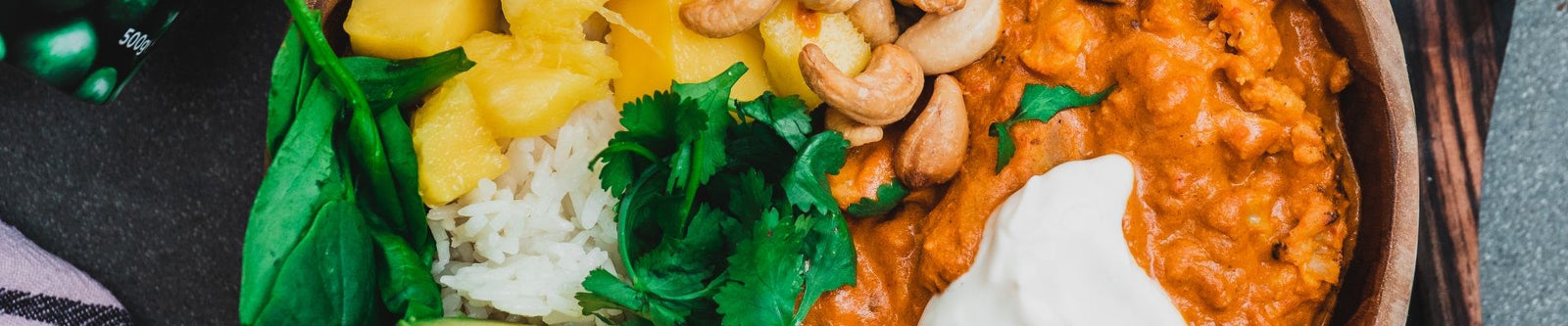 Cauliflower Vegan Curry with Roasted Cashews, Mango and Rice