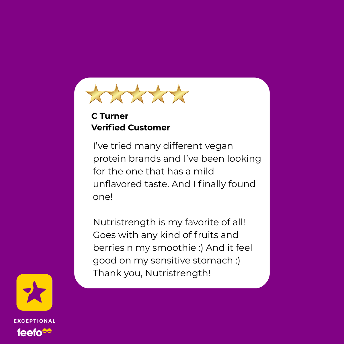Five-star review from a verified customer on a purple background with Nutristrength branding.