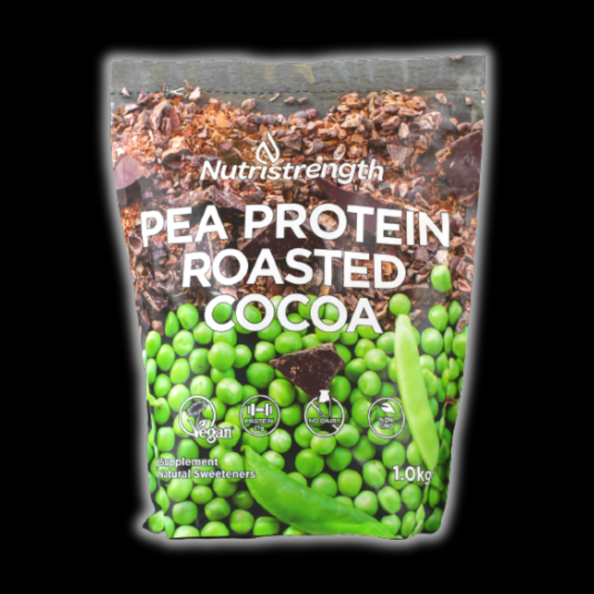 Nutristrength pea protein roasted cocoa package with peas and cocoa visible