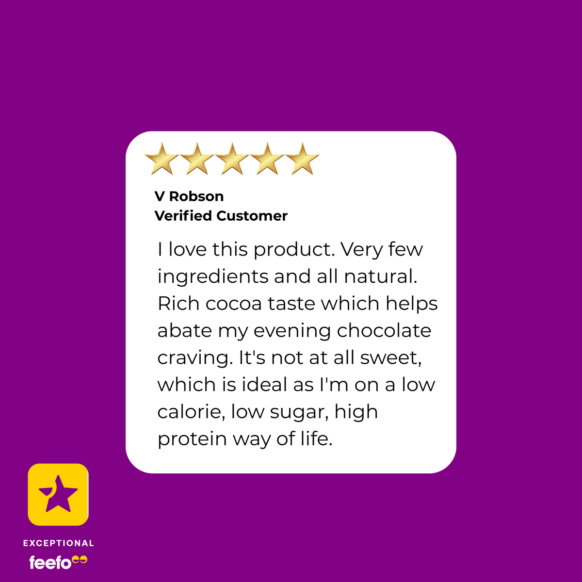 Five-star review from a verified customer on a purple background with feefo logo. | Nutristrength