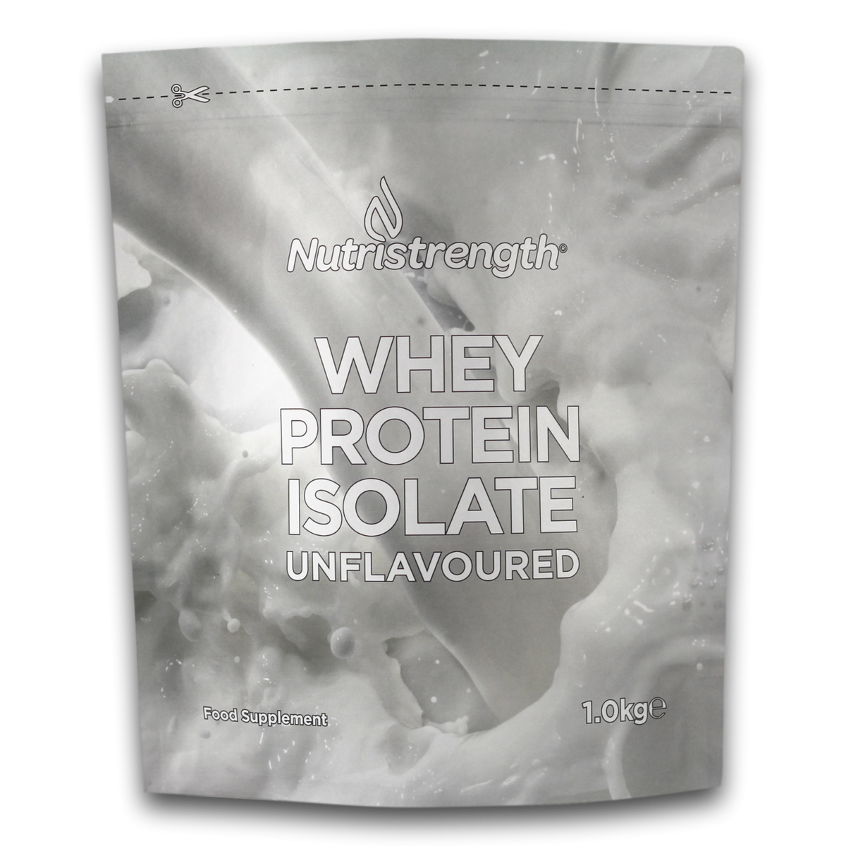 A package of Nutristrength Whey Protein Isolate, unflavored, in a 1kg pouch.