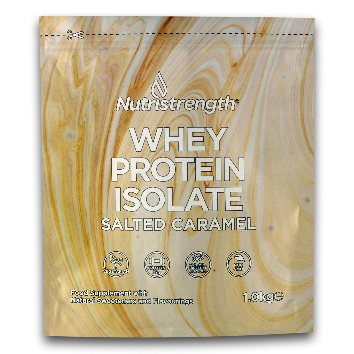 Packaging of Nutristrength Whey Protein Isolate in Salted Caramel flavor, 1.0 kg size.