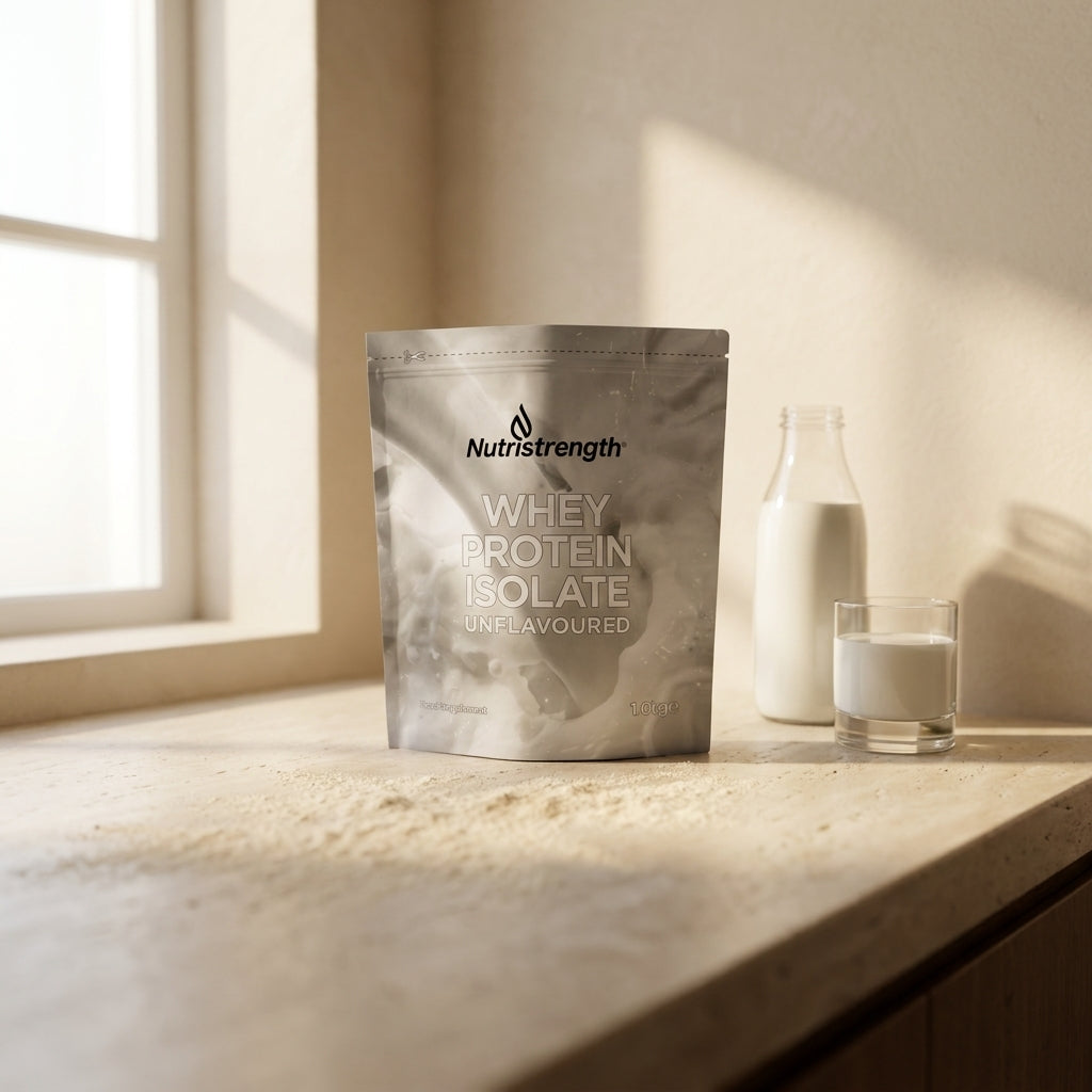 Nutristrength unflavoured whey on travertine with milk bottle and window light