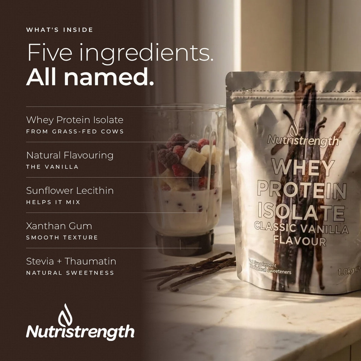 Nutristrength Whey Protein Isolate Classic Vanilla, what's inside, ingredients list