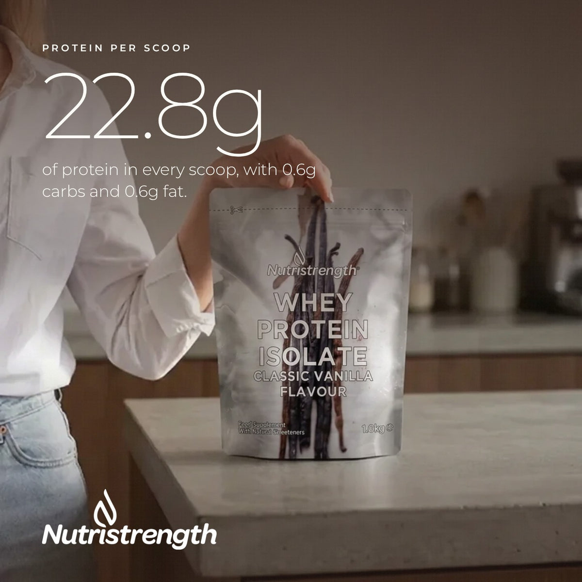 Nutristrength Whey Protein Isolate Classic Vanilla, protein per 32g scoop