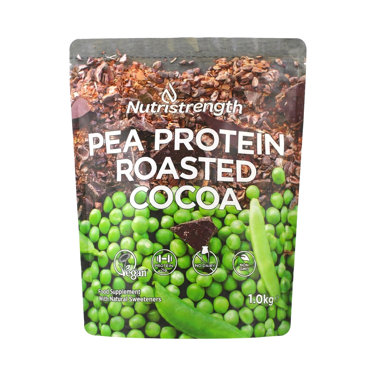 Nutristrength Pea Protein Roasted Cocoa 1kg pouch, front view on a transparent background