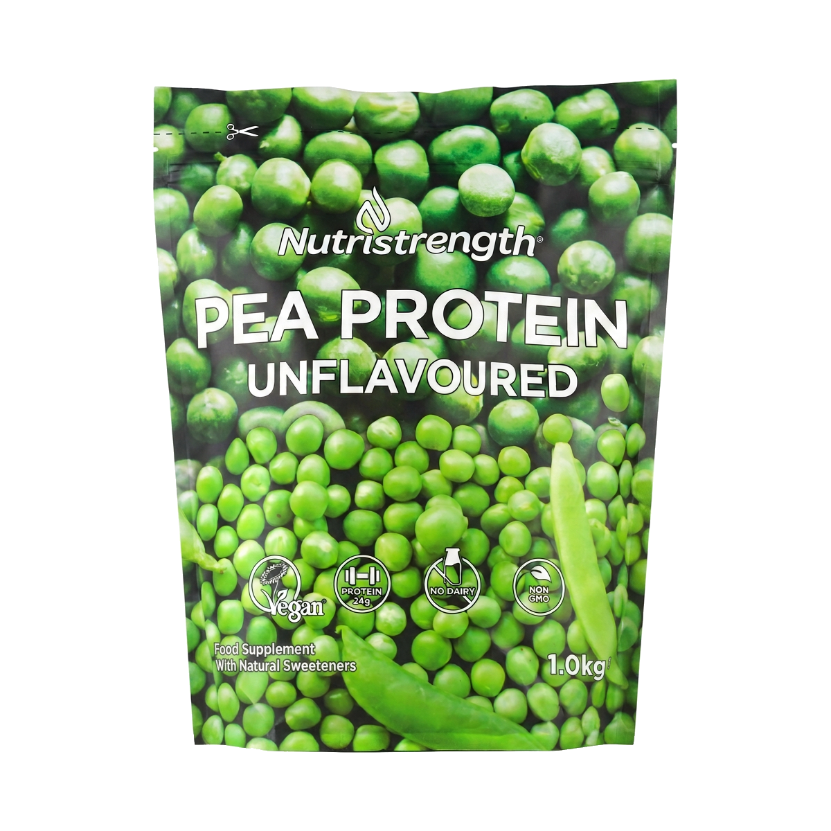 Nutristrength Pea Protein Unflavoured 1kg pouch, front view on a transparent background