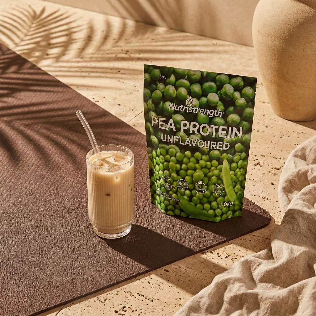 Pea Protein Unflavoured pack with iced shake in warm sunlight