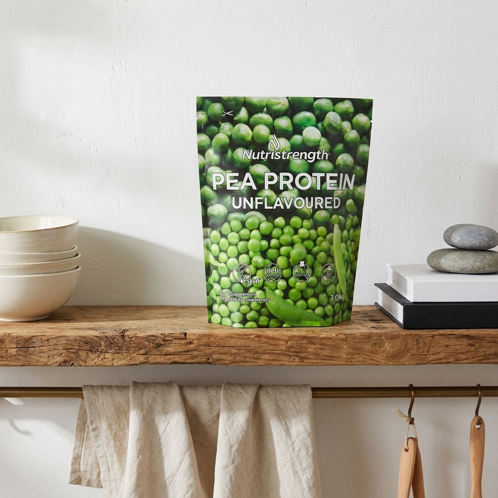 Pea Protein Unflavoured pack on a rustic wooden shelf in a calm kitchen