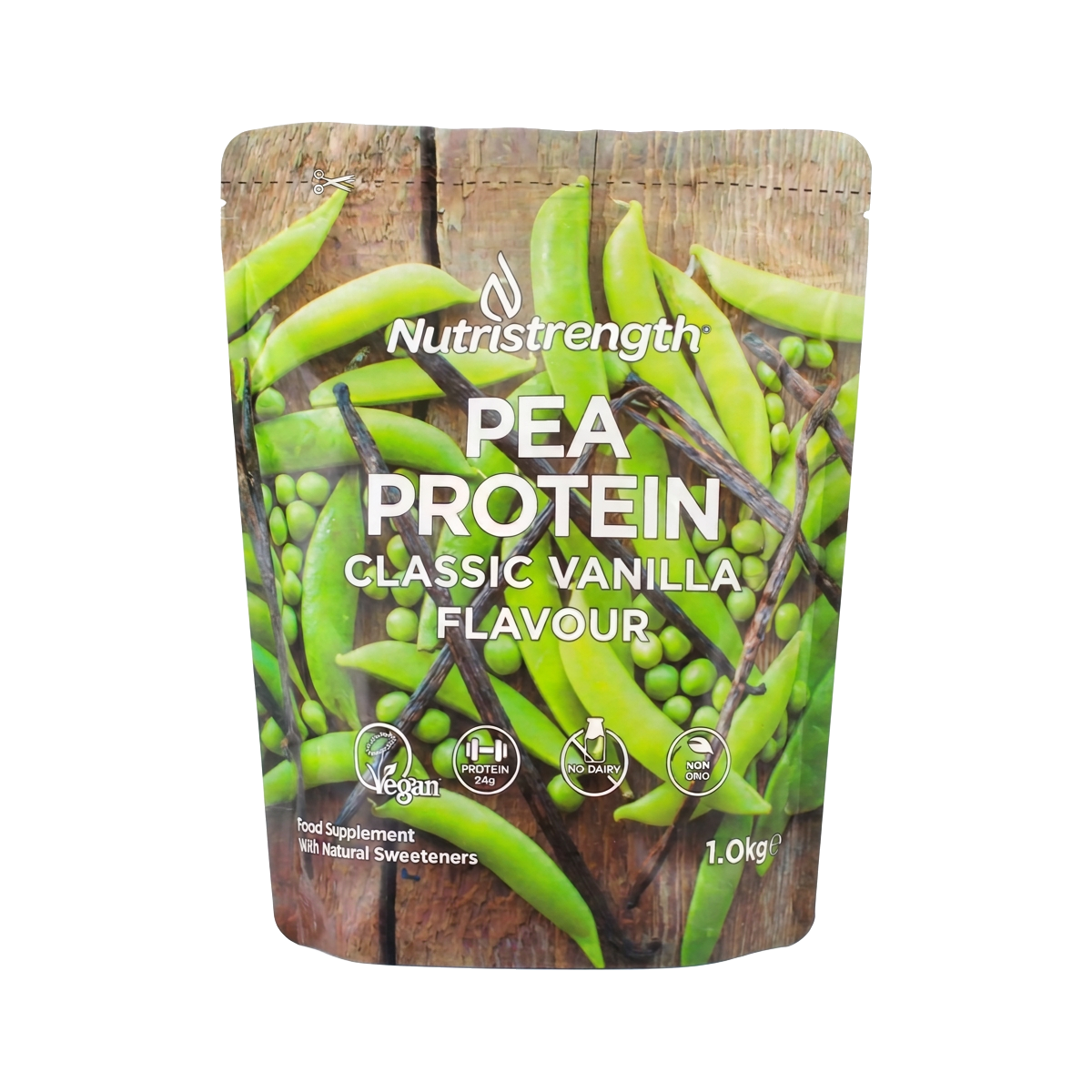 Nutristrength Pea Protein Classic Vanilla 1kg pouch, front view on a transparent background