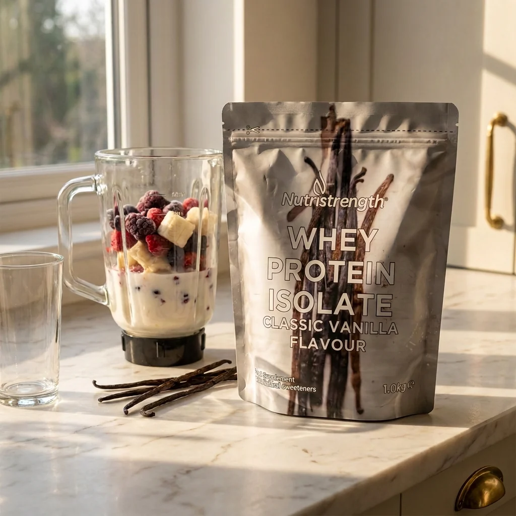 Vanilla whey with blender, berries and vanilla pods