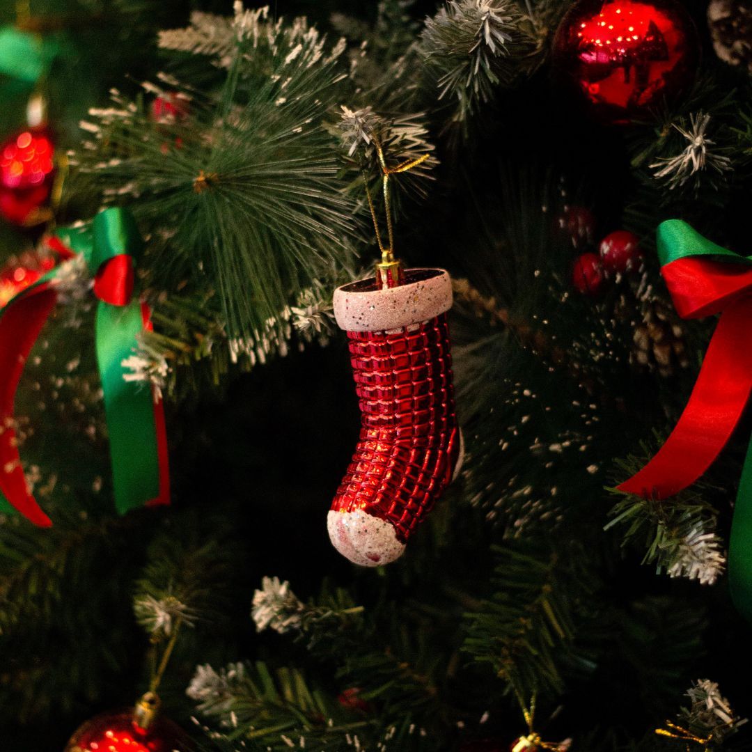 Christmas stocking decoration on a Christmas tree