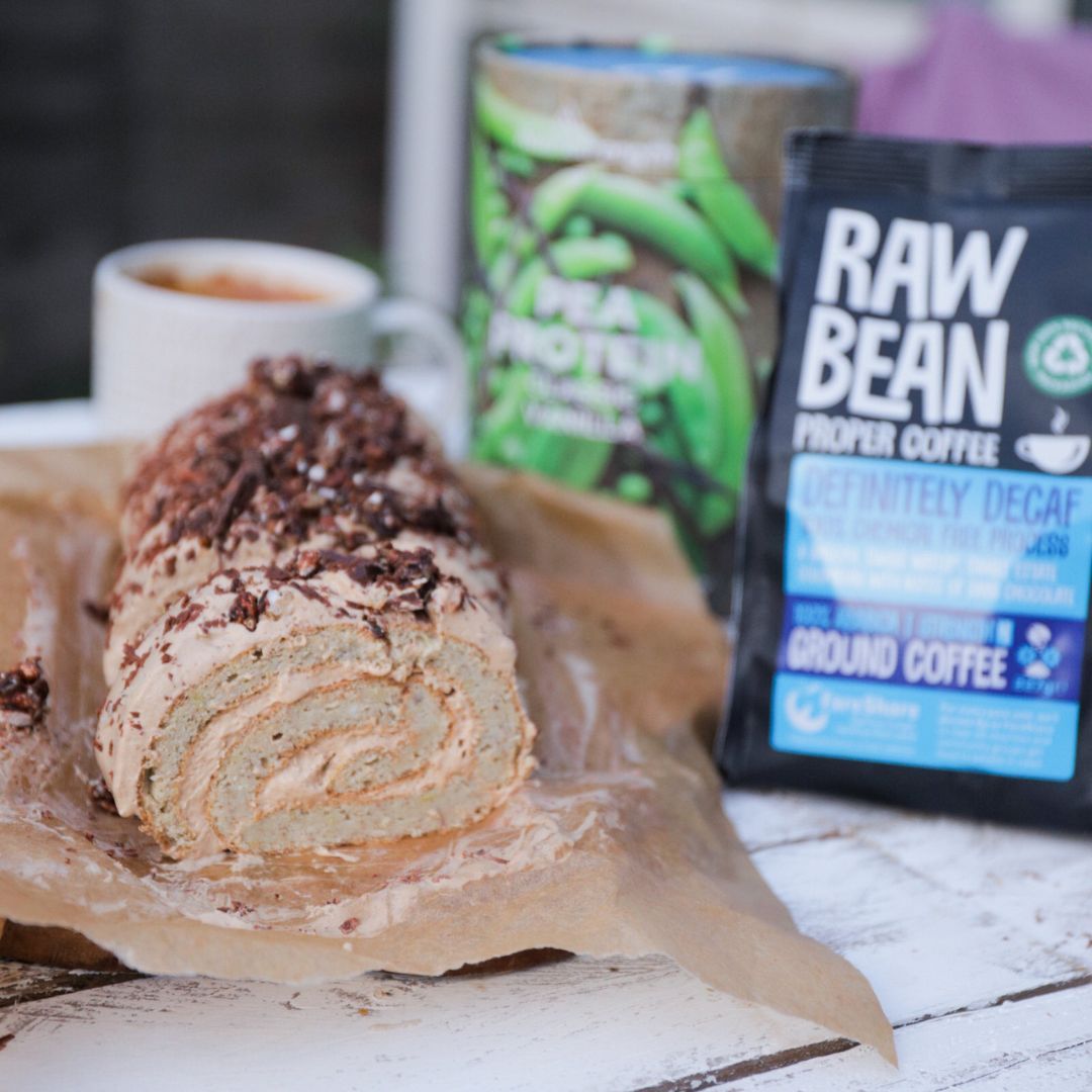 Coffee Swiss Roll made with Nutristrength pea protein powder and raw bean coffee