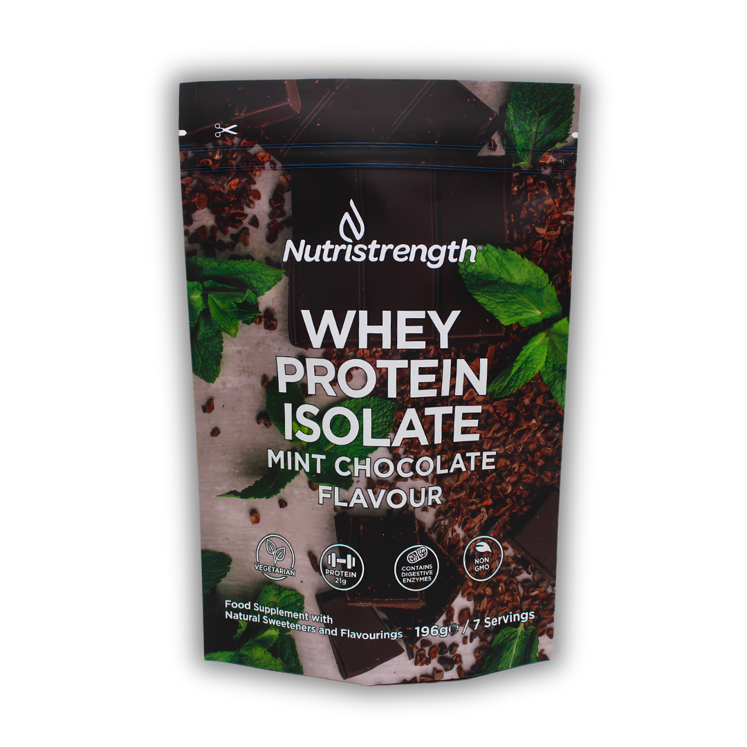 Packaging of Nutristrength Whey Protein Isolate in Mint Chocolate flavour. The pouch is predominantly dark with images of mint leaves and chocolate pieces, and the brand and product name are prominently displayed.