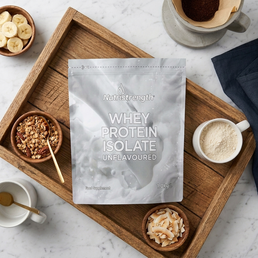 Whey Protein Isolate Unflavoured flat lay with breakfast tray