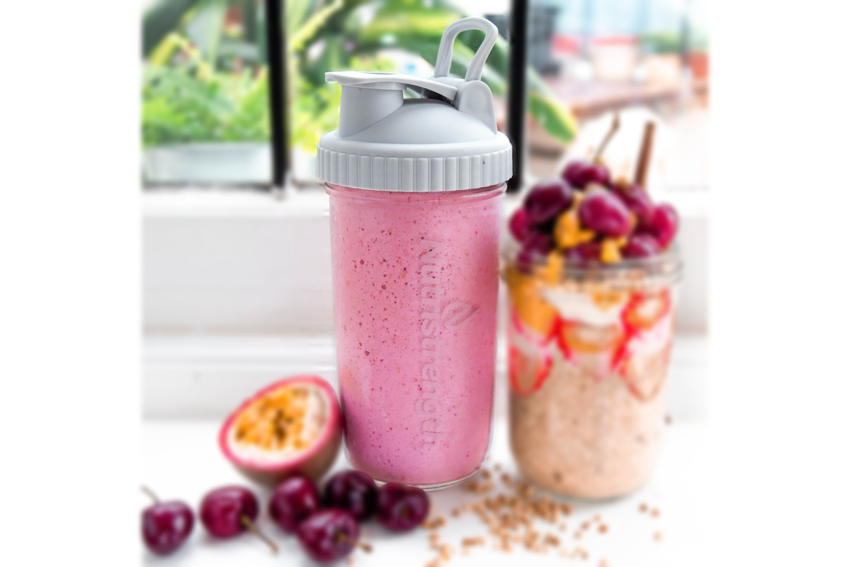 smoothie in large glass shaker
