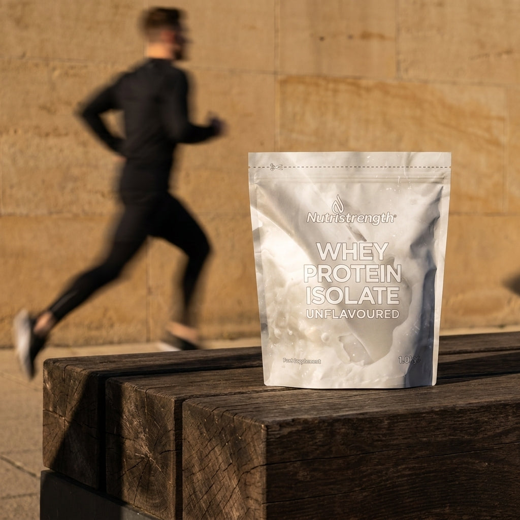 Nutristrength unflavoured whey pack on a wooden bench with a motion-blurred runner behind it