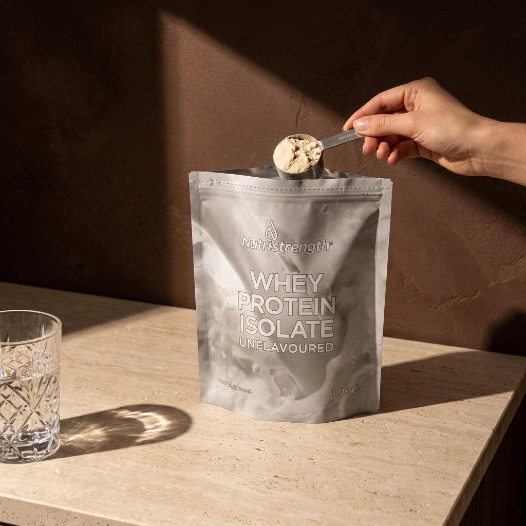 Hand scooping unflavoured whey protein from the pack with a metal scoop, moody daylight