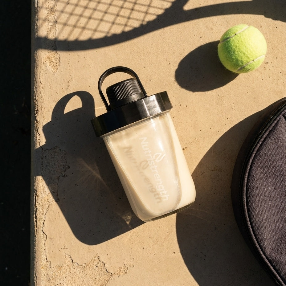 Nutristrength glass shaker with protein shake on a sunlit tennis court