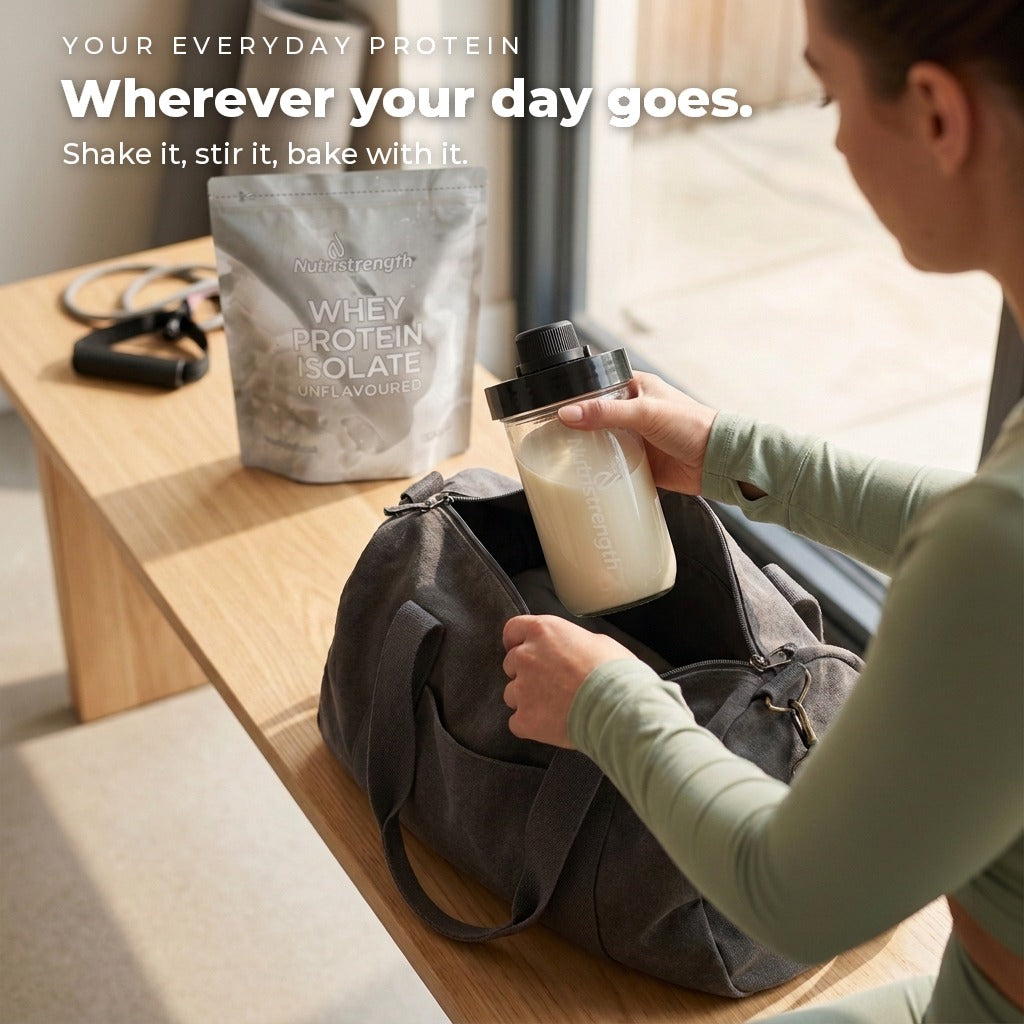 Woman pulling a Nutristrength glass shaker from her gym bag, Wherever your day goes