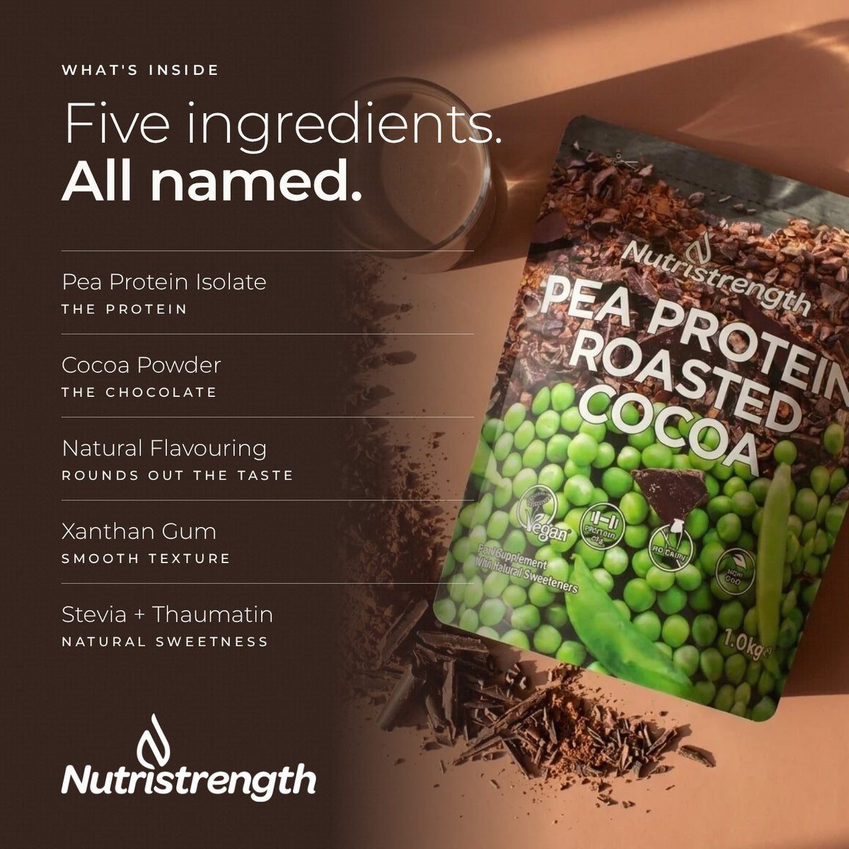 Nutristrength Pea Protein Roasted Cocoa, what's inside, ingredients list