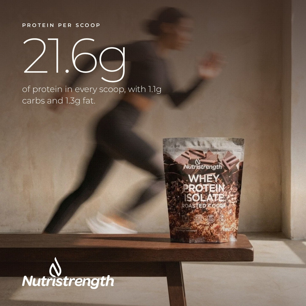 Nutristrength Whey Protein Isolate Roasted Cocoa, protein per 32g scoop