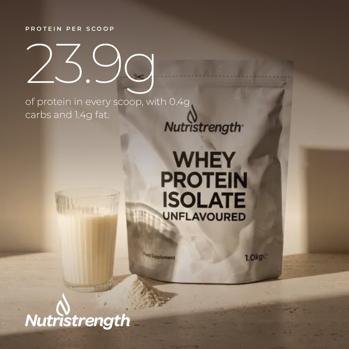 Nutristrength Whey Protein Isolate Unflavoured, protein per 32g scoop