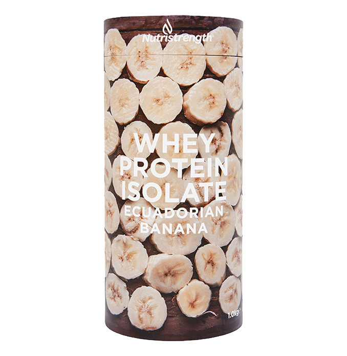 A container of Nutristrength Whey Protein Isolate with Ecuadorian Banana flavor, displaying sliced bananas on the front.